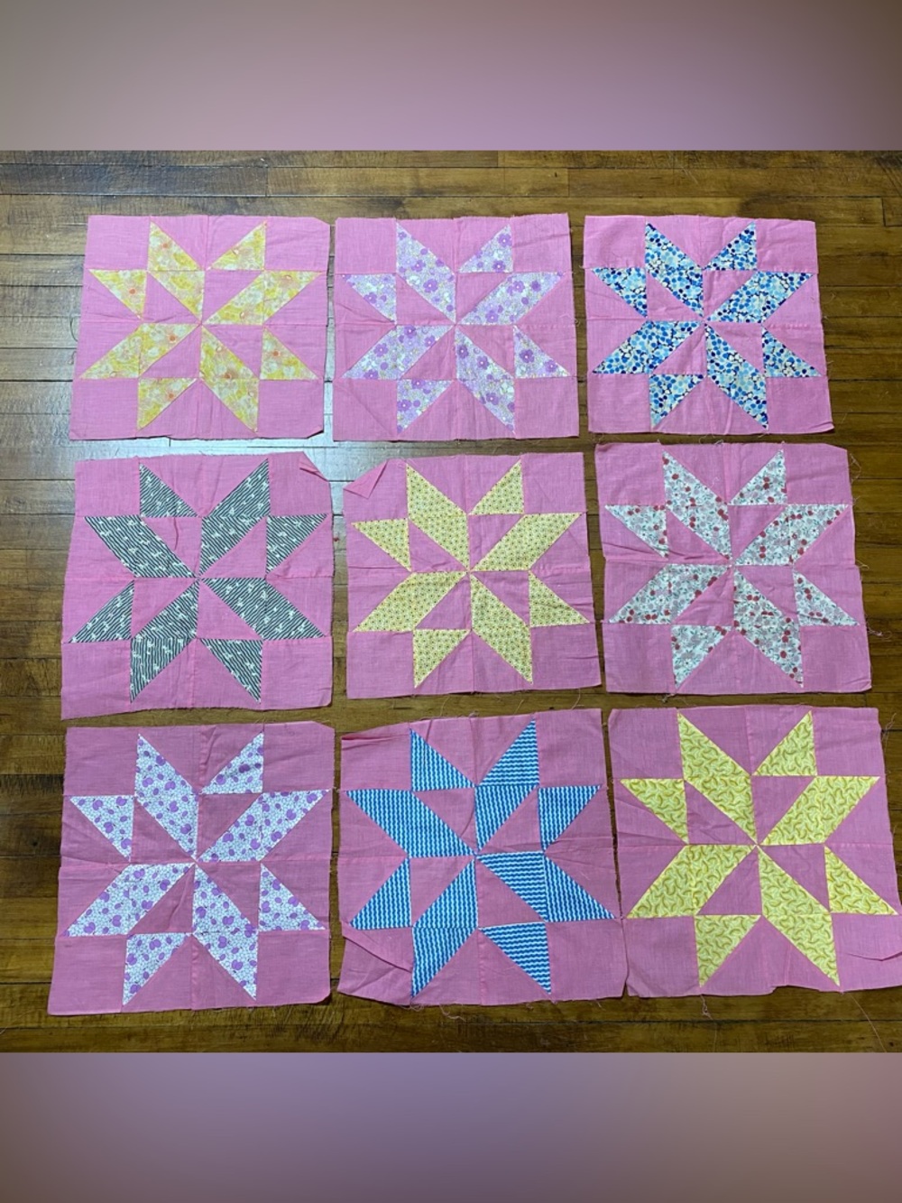 Set of 9 Vintage 8 Point Star Feed Sack Quilt Blocks 15 1/2” x 15 1/2” each
